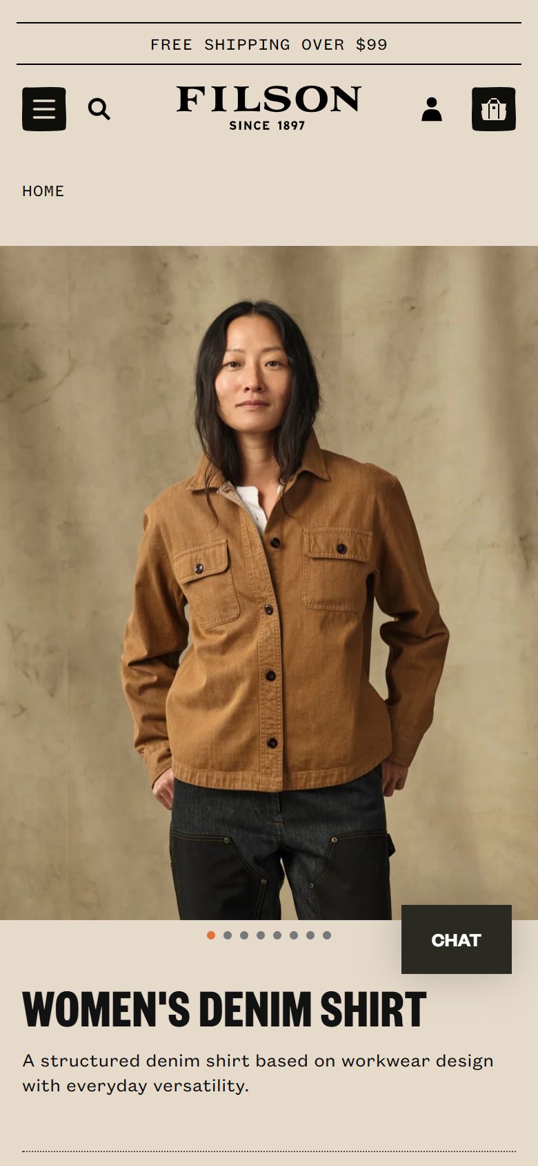 Filson product page on mobile, Shopify luxury leather goods storefront captured at 390 x 844