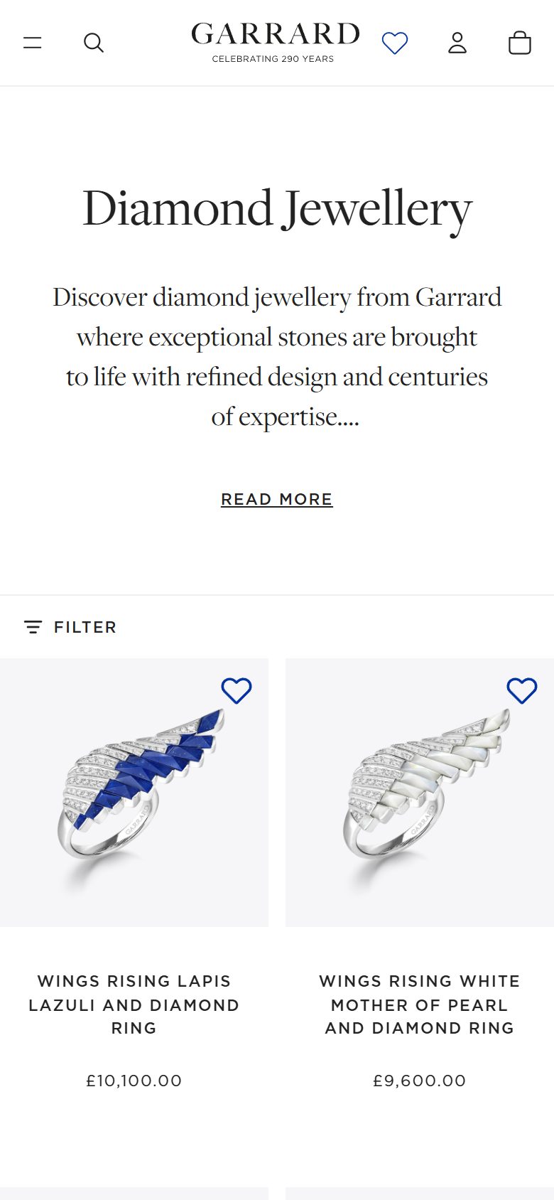 Garrard collection: diamond jewellery on mobile, not disclosed luxury jewelry storefront captured at 390 x 844