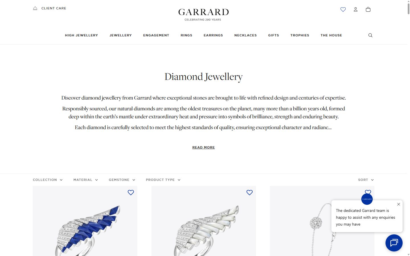 Garrard collection: diamond jewellery on desktop, not disclosed luxury jewelry storefront captured at 1440 x 900