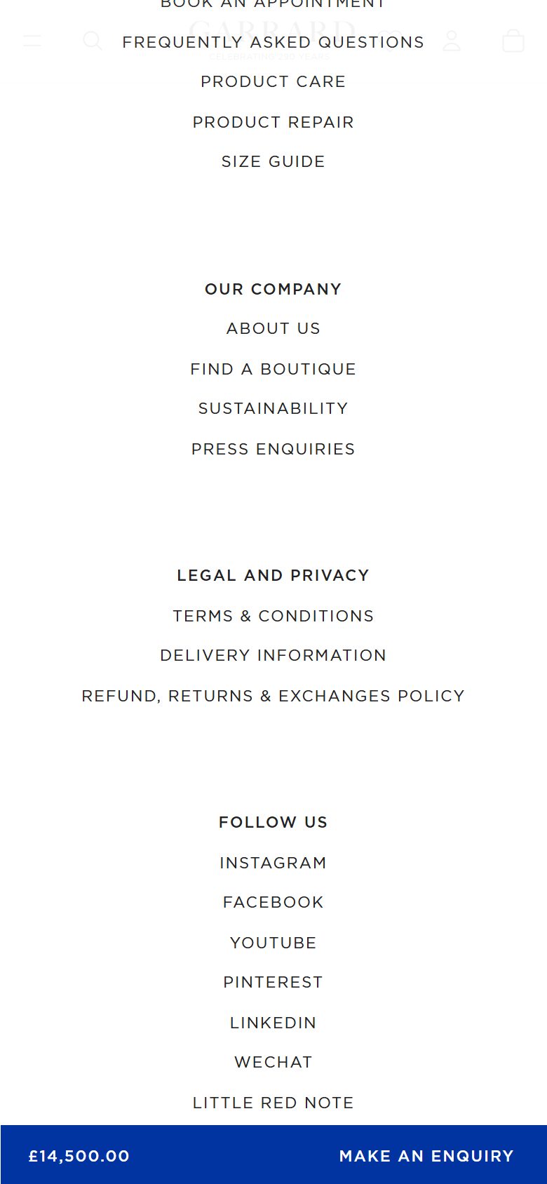 Garrard product page on mobile, not disclosed luxury jewelry storefront captured at 390 x 844