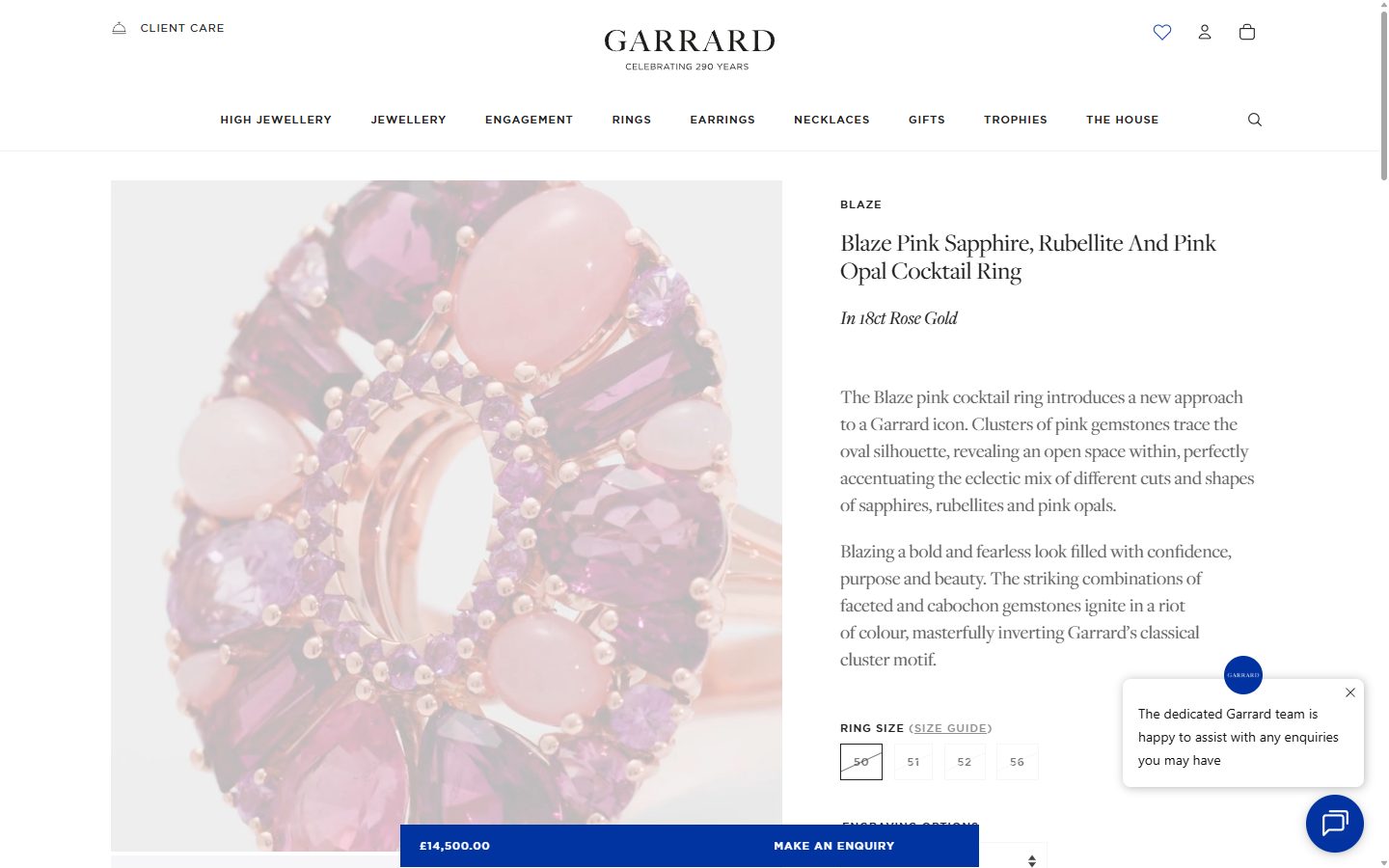 Garrard product page on desktop, not disclosed luxury jewelry storefront captured at 1440 x 900