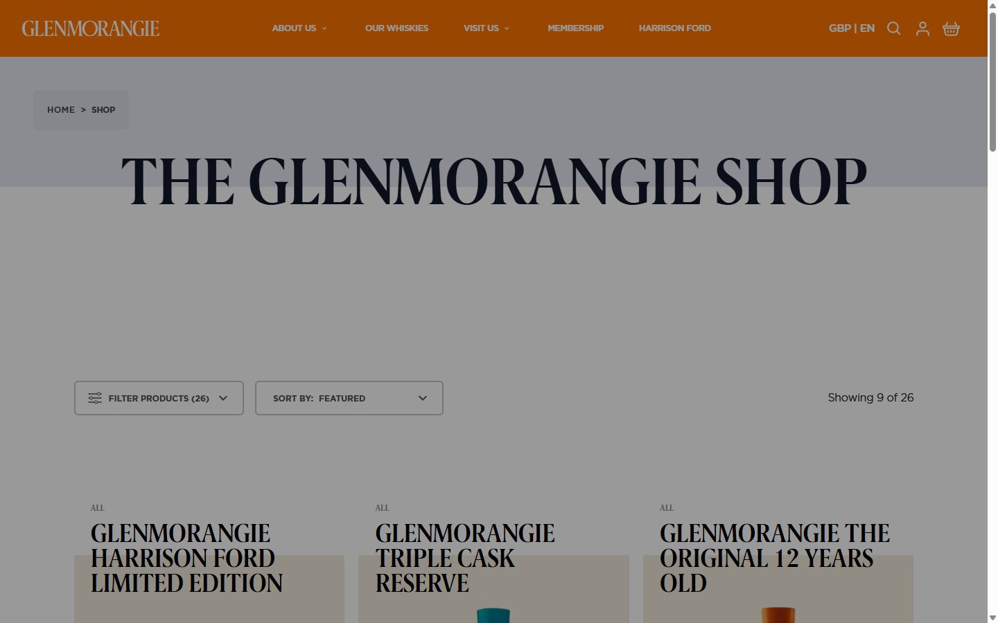 Glenmorangie collection: all on desktop, not disclosed luxury drinks storefront captured at 1440 x 900