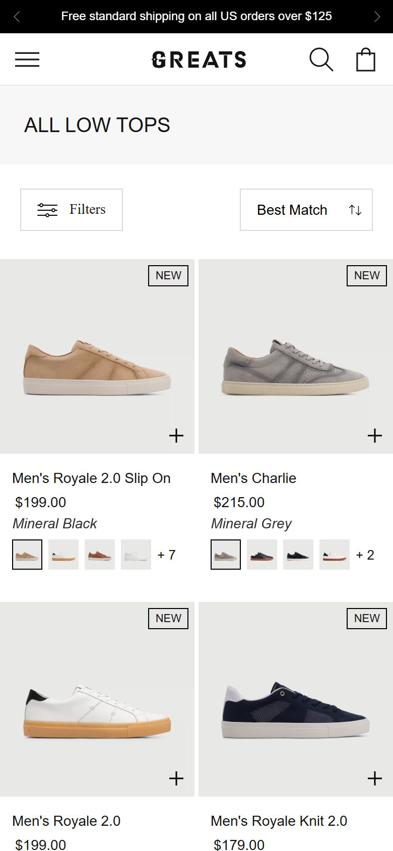 Greats collection: all low tops on mobile, Shopify luxury footwear storefront captured at 390 x 844