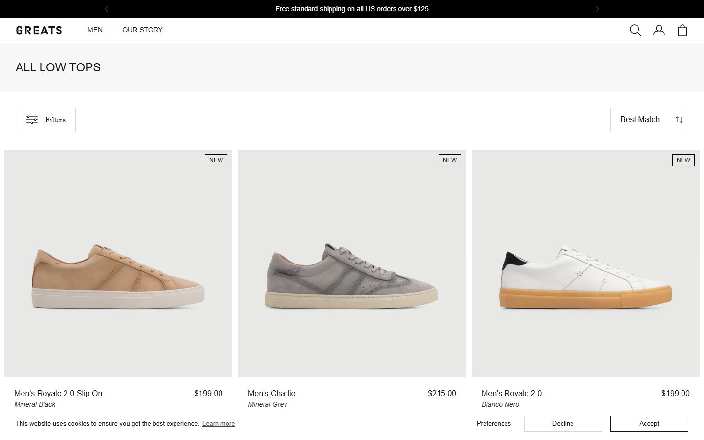 Greats collection: all low tops on desktop, Shopify luxury footwear storefront captured at 1440 x 900