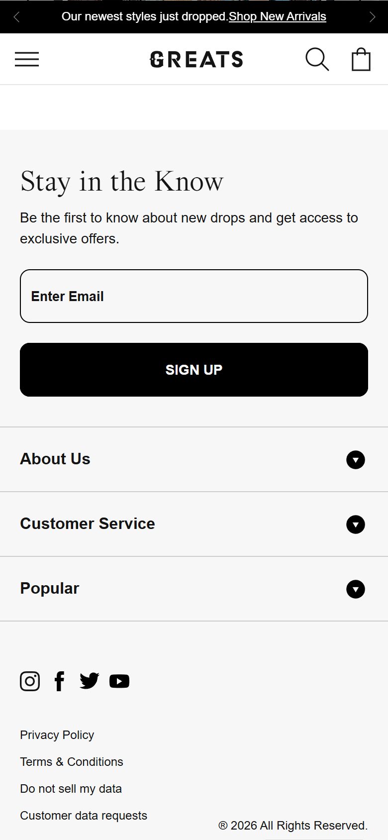 Greats homepage on mobile, Shopify luxury footwear storefront captured at 390 x 844