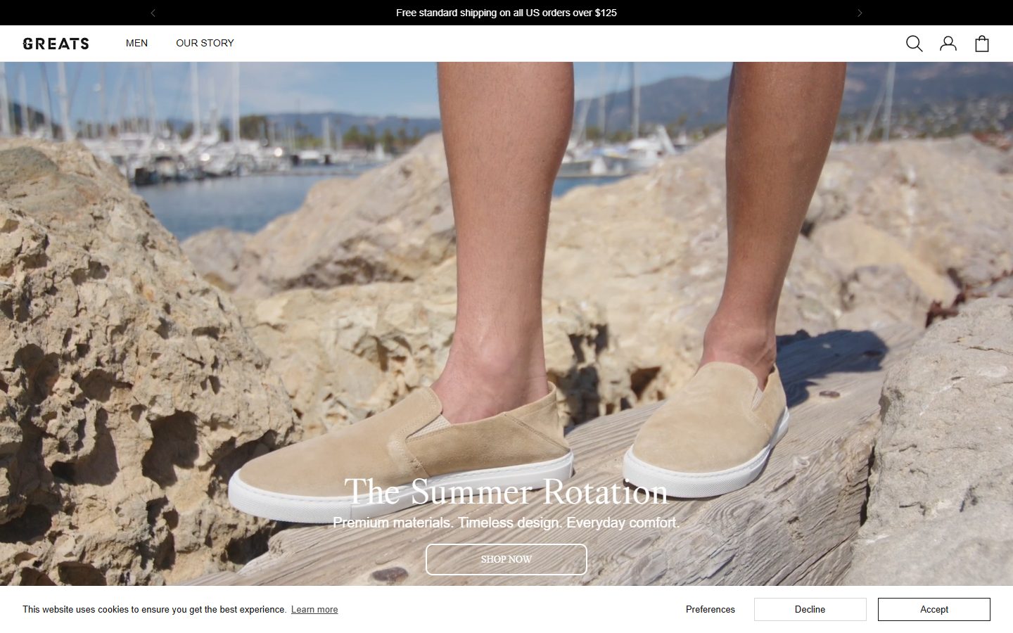 Greats homepage on desktop, Shopify luxury footwear storefront captured at 1440 x 900