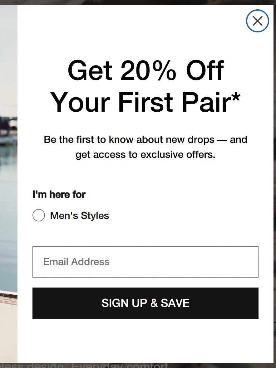 Greats email sign up popup, centred centre, offering 20% off