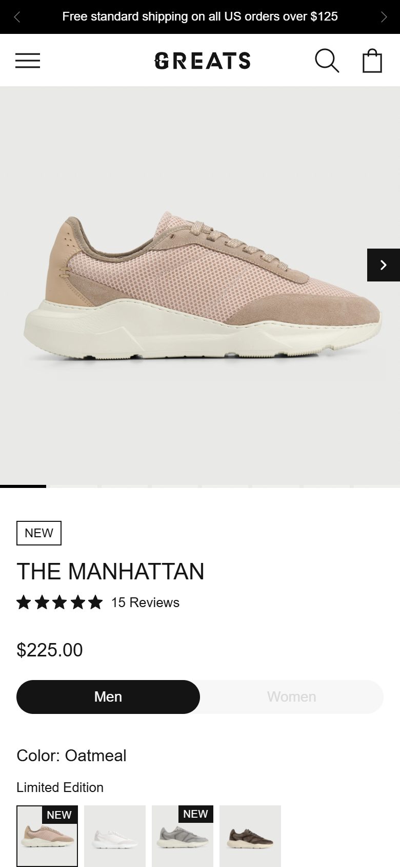 Greats product page on mobile, Shopify luxury footwear storefront captured at 390 x 844