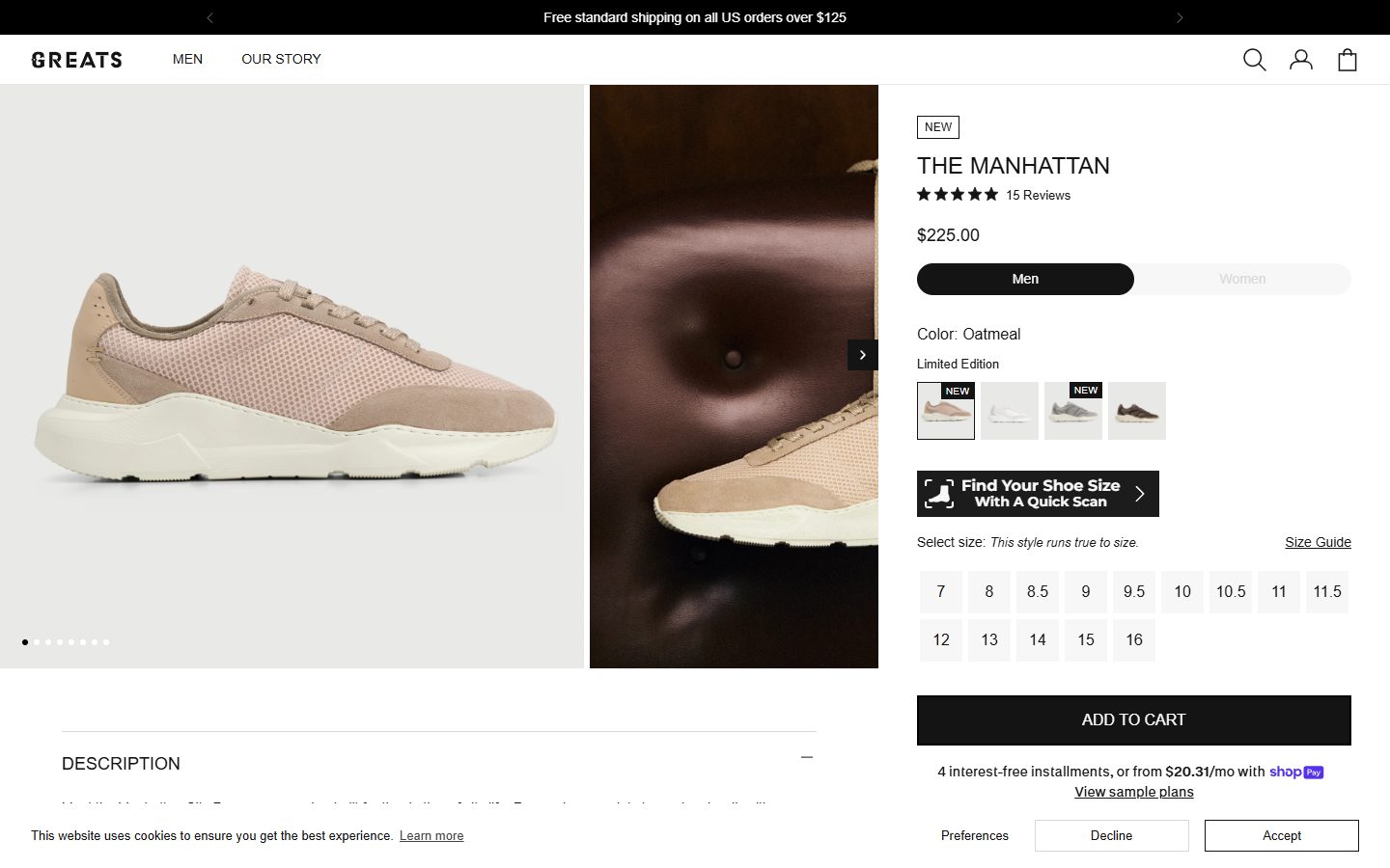 Greats product page on desktop, Shopify luxury footwear storefront captured at 1440 x 900