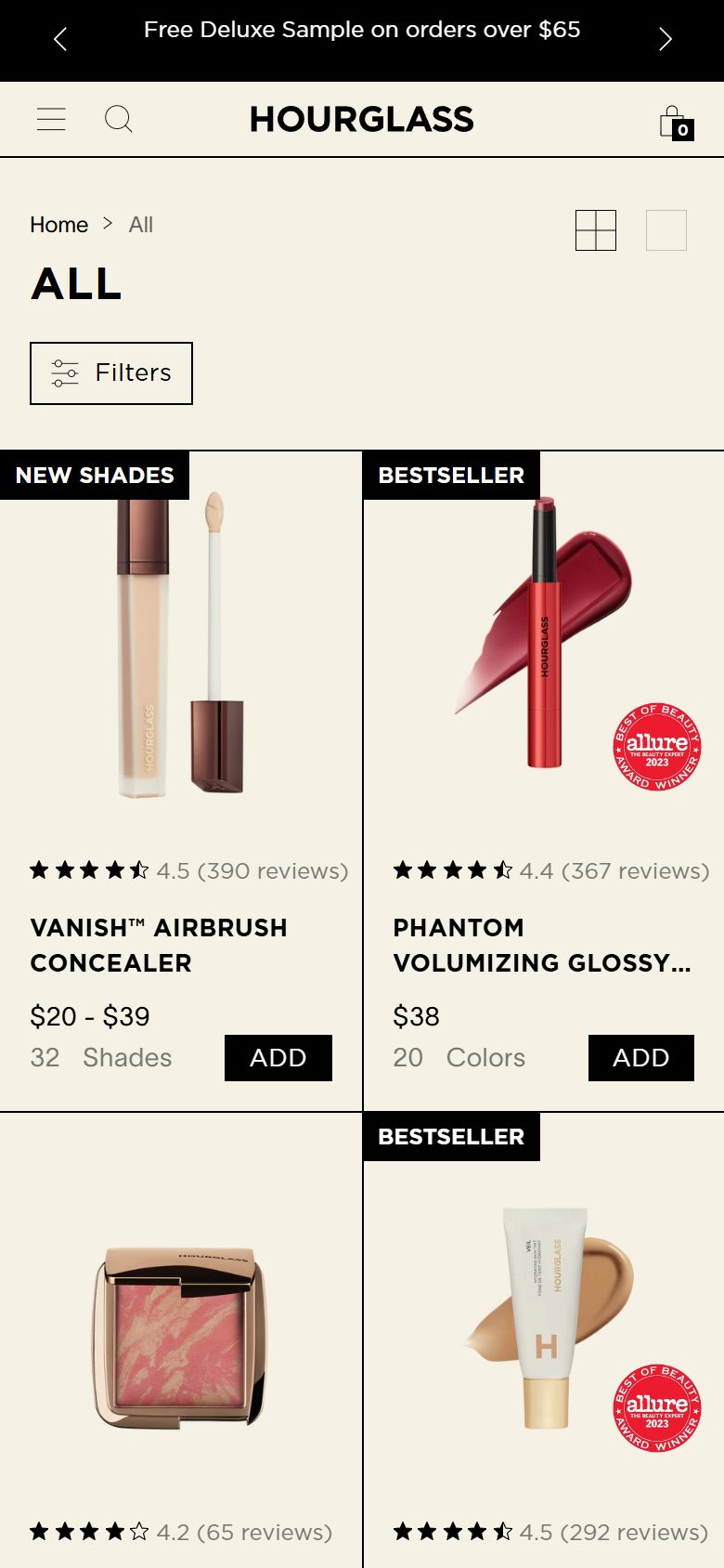 Hourglass collection: all on mobile, Shopify luxury beauty storefront captured at 390 x 844