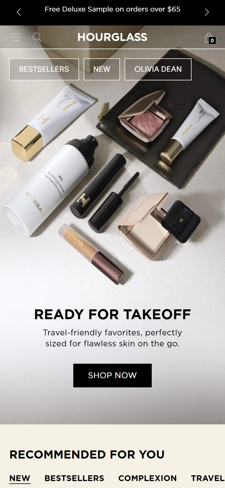 Hourglass homepage on mobile, Shopify luxury beauty storefront captured at 390 x 844