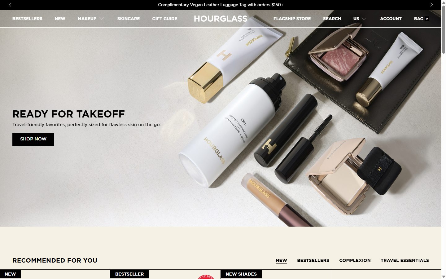 Hourglass homepage on desktop, Shopify luxury beauty storefront captured at 1440 x 900