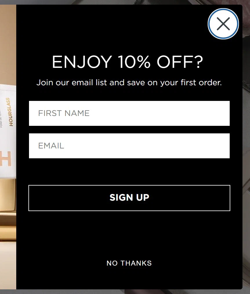 Hourglass email sign up popup, centred centre, offering 10% off
