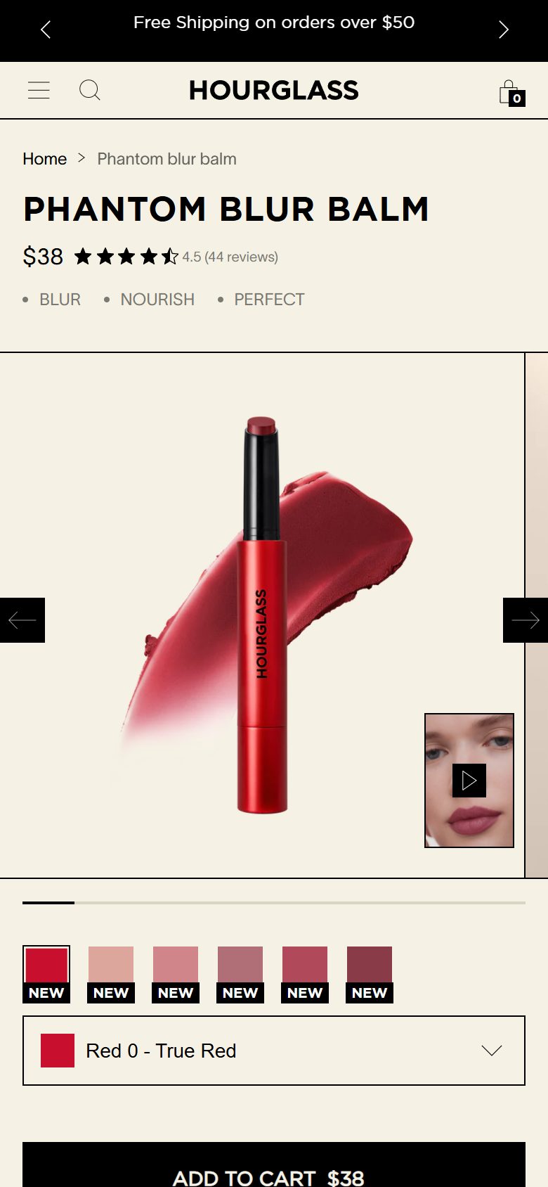 Hourglass product page on mobile, Shopify luxury beauty storefront captured at 390 x 844