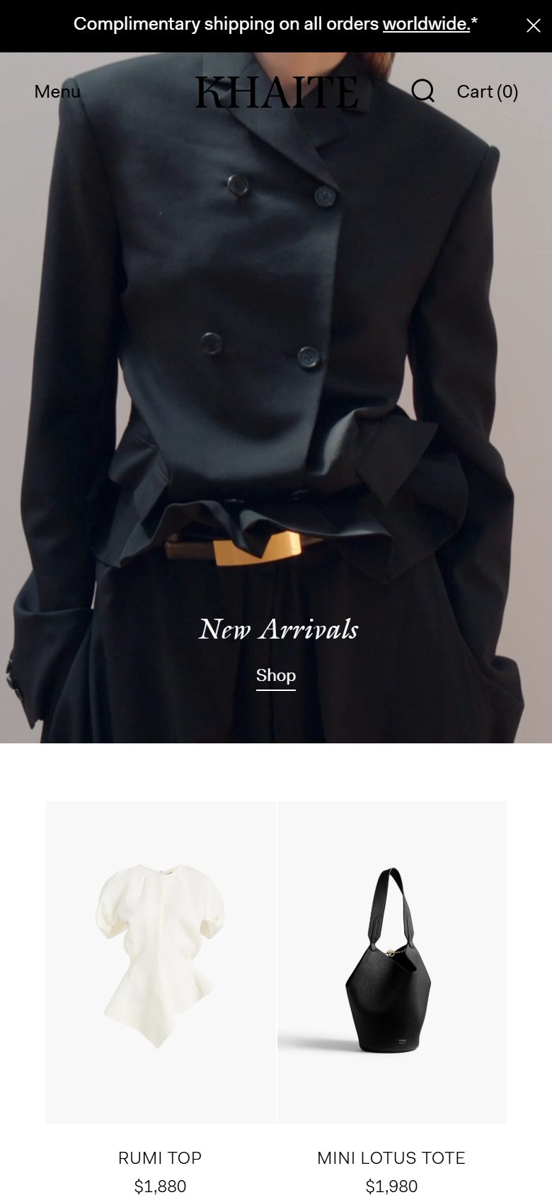 Khaite homepage on mobile, not disclosed luxury fashion storefront captured at 390 x 844