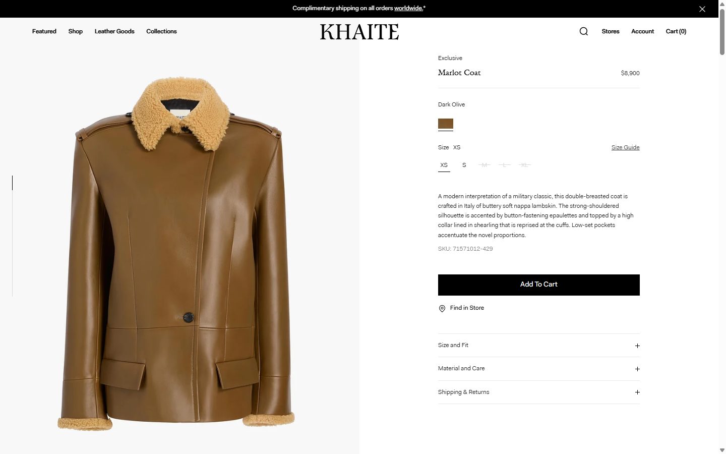 Khaite product page on desktop, not disclosed luxury fashion storefront captured at 1440 x 900
