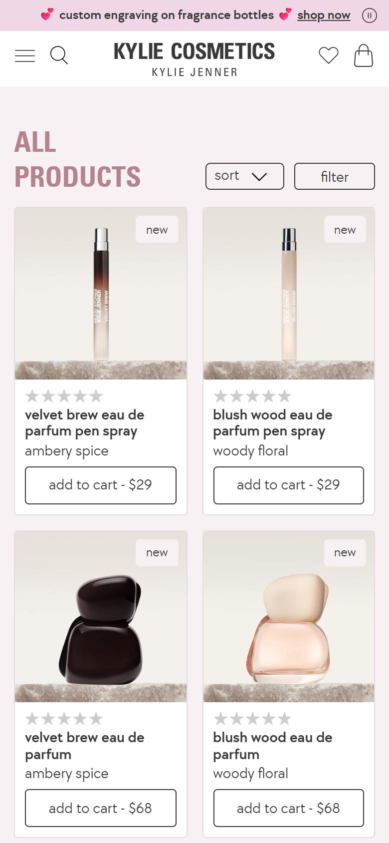 Kylie Cosmetics collection: all products on mobile, Shopify luxury beauty storefront captured at 390 x 844