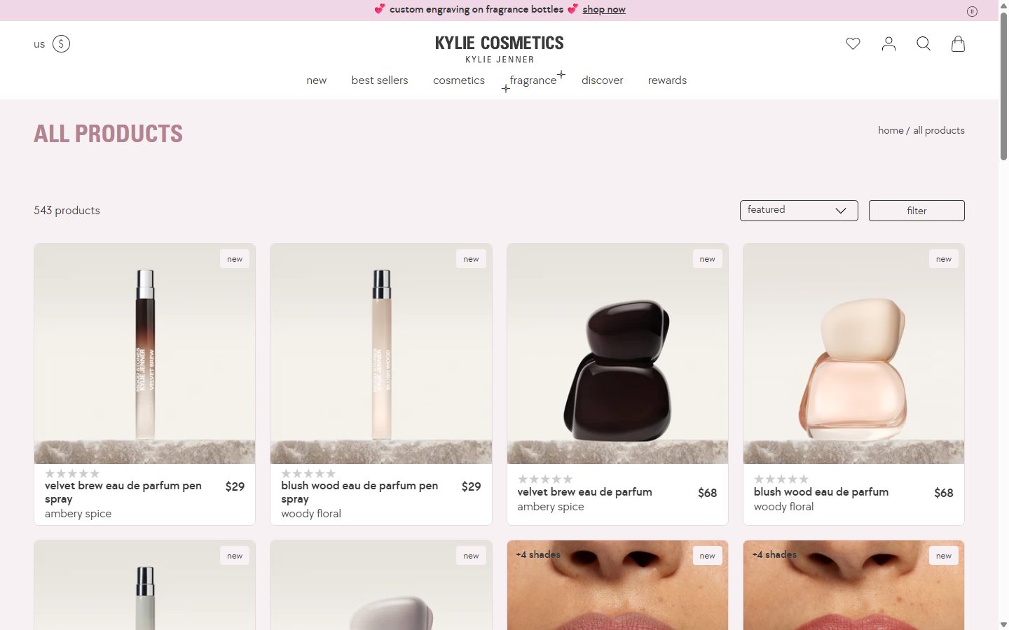 Kylie Cosmetics collection: all products on desktop, Shopify luxury beauty storefront captured at 1440 x 900