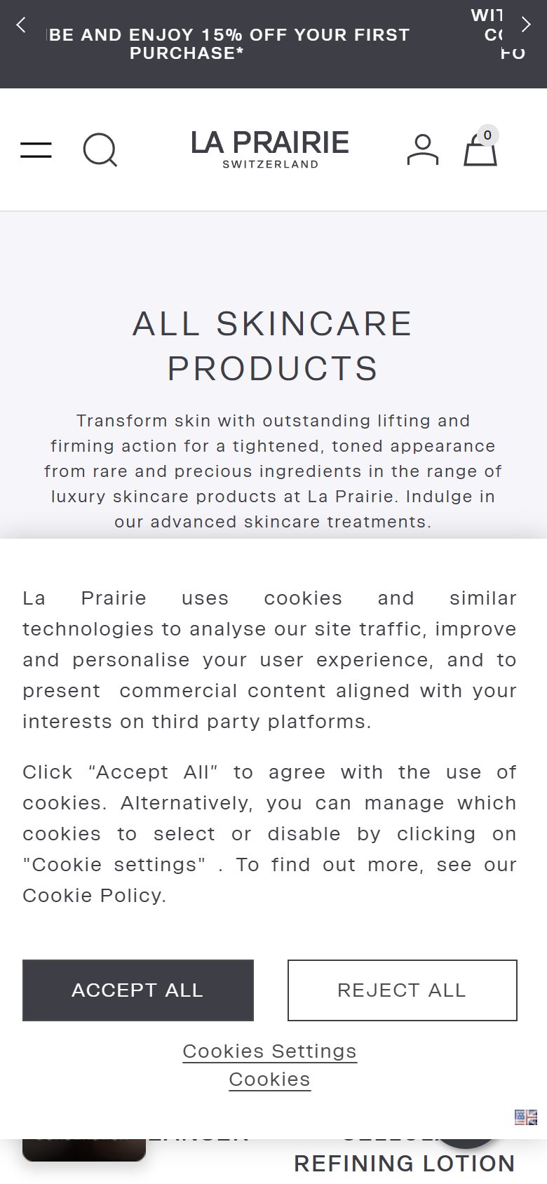 La Prairie collection: all skincare  products on mobile, Shopify luxury beauty storefront captured at 390 x 844