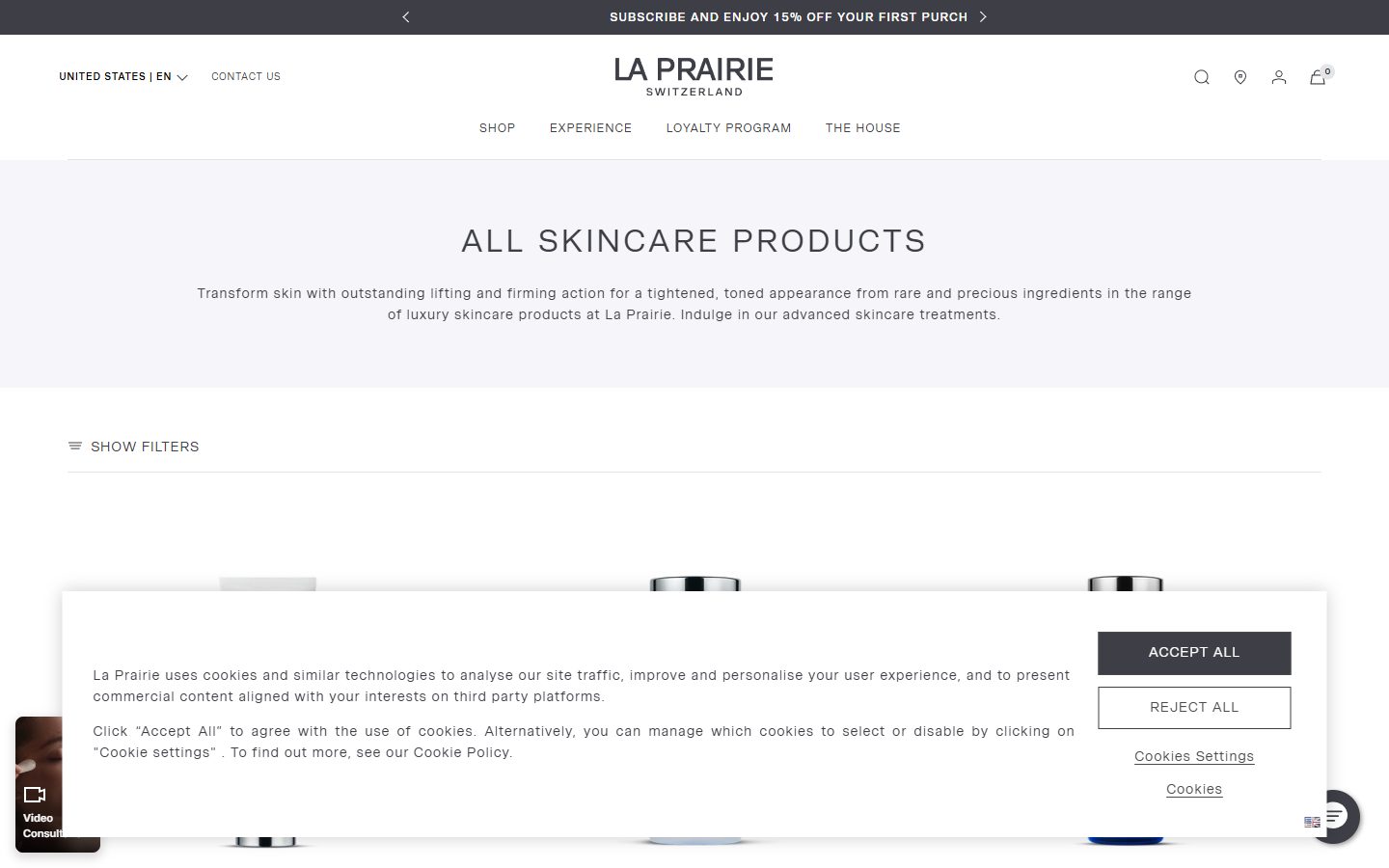 La Prairie collection: all skincare  products on desktop, Shopify luxury beauty storefront captured at 1440 x 900