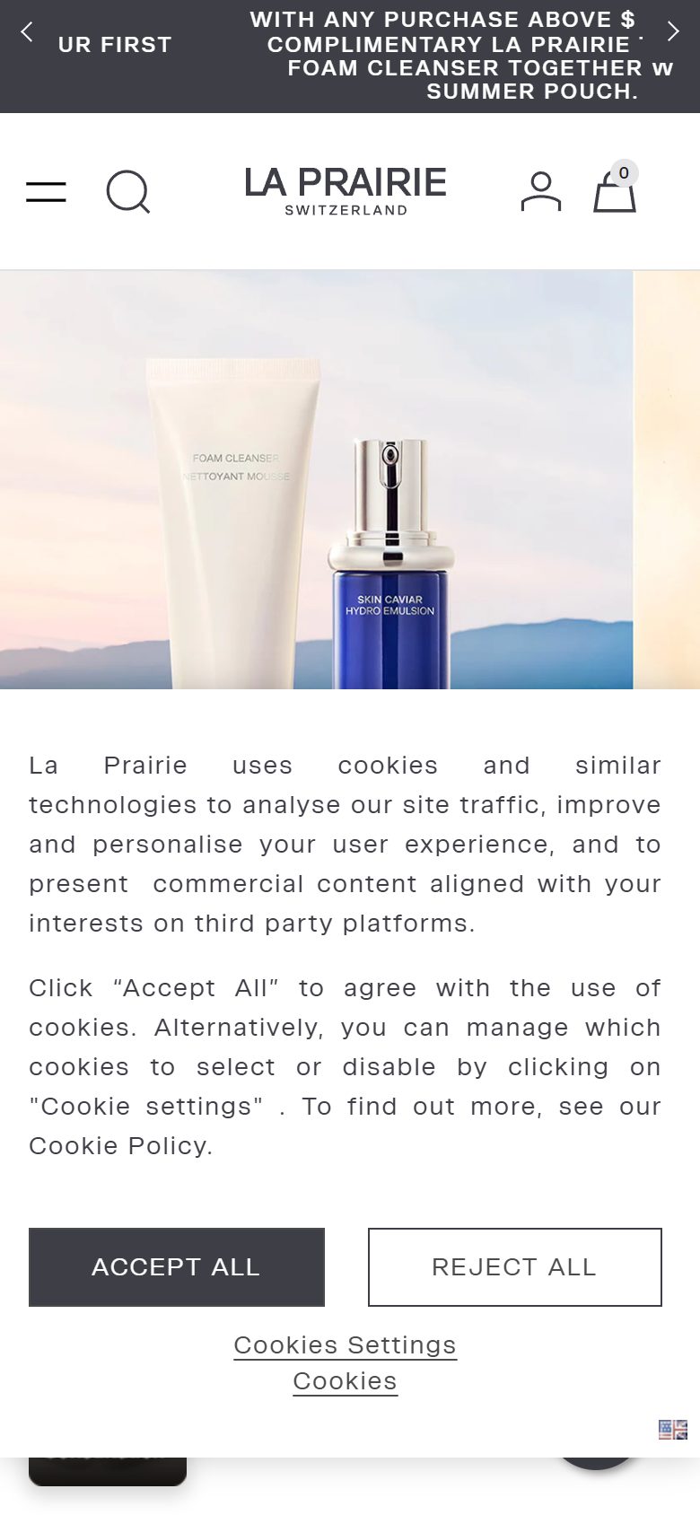 La Prairie homepage on mobile, Shopify luxury beauty storefront captured at 390 x 844