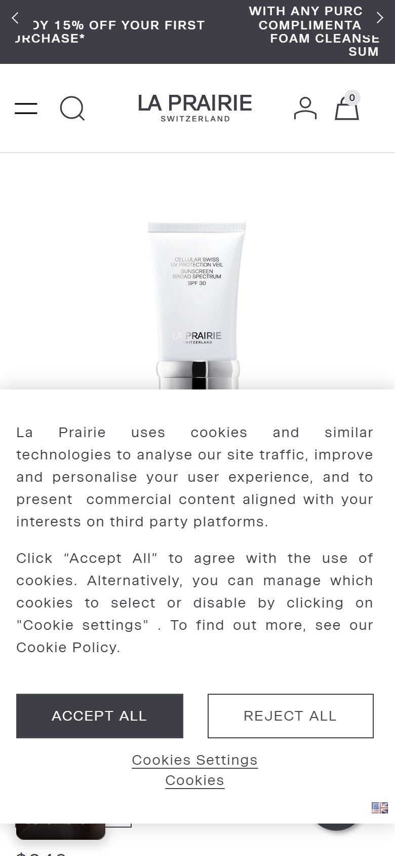 La Prairie product page on mobile, Shopify luxury beauty storefront captured at 390 x 844
