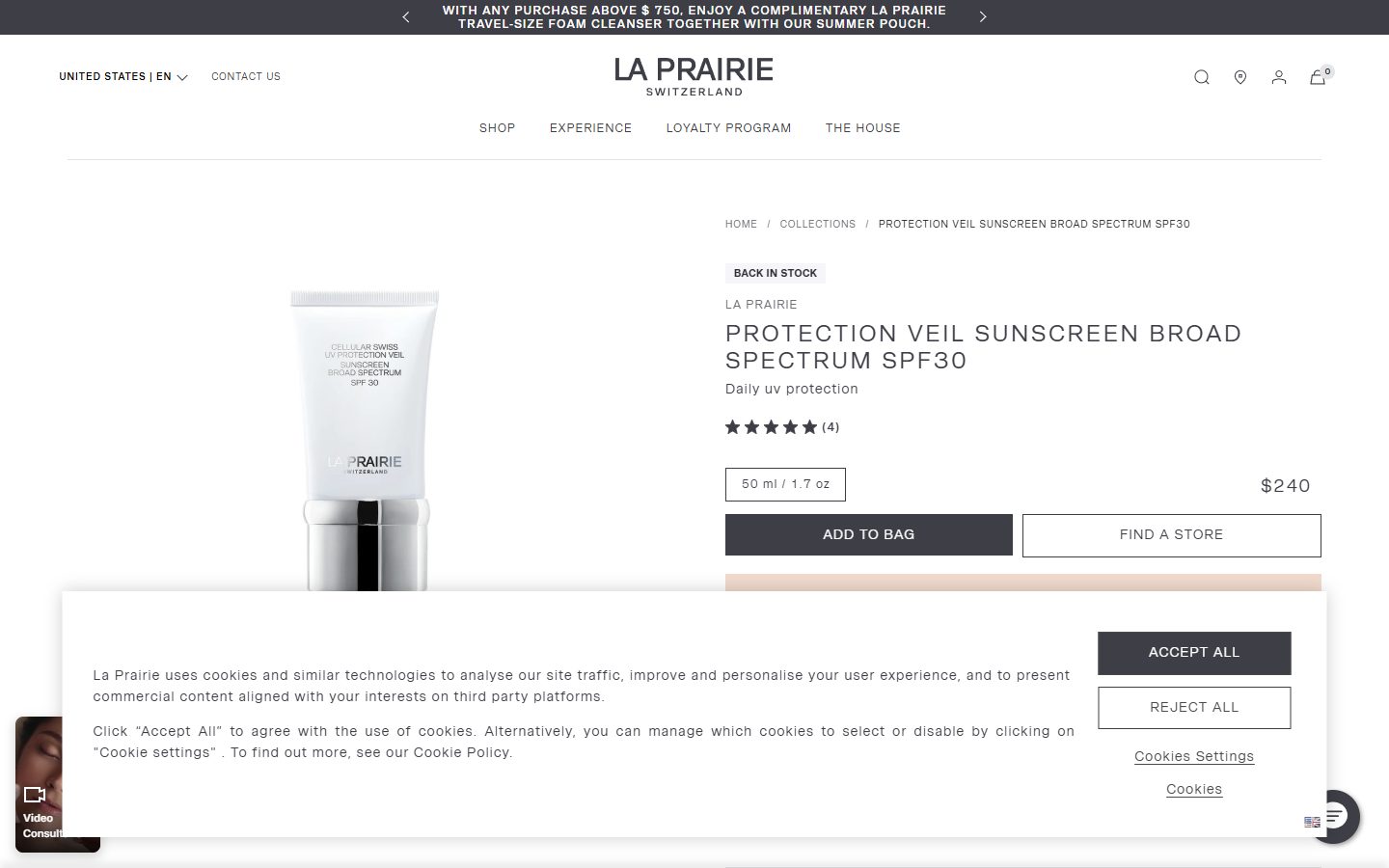 La Prairie product page on desktop, Shopify luxury beauty storefront captured at 1440 x 900