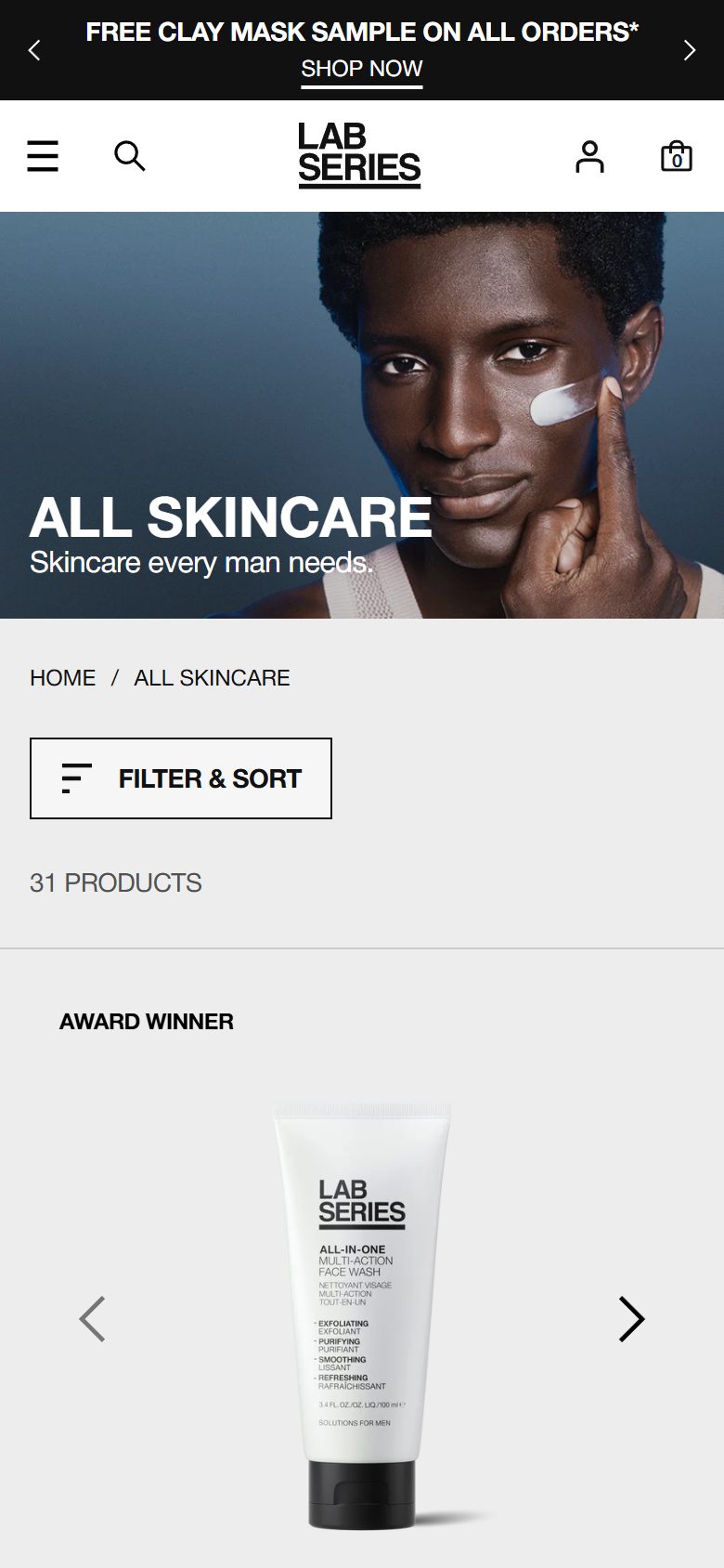 Lab Series collection: all skincare on mobile, Shopify luxury beauty storefront captured at 390 x 844