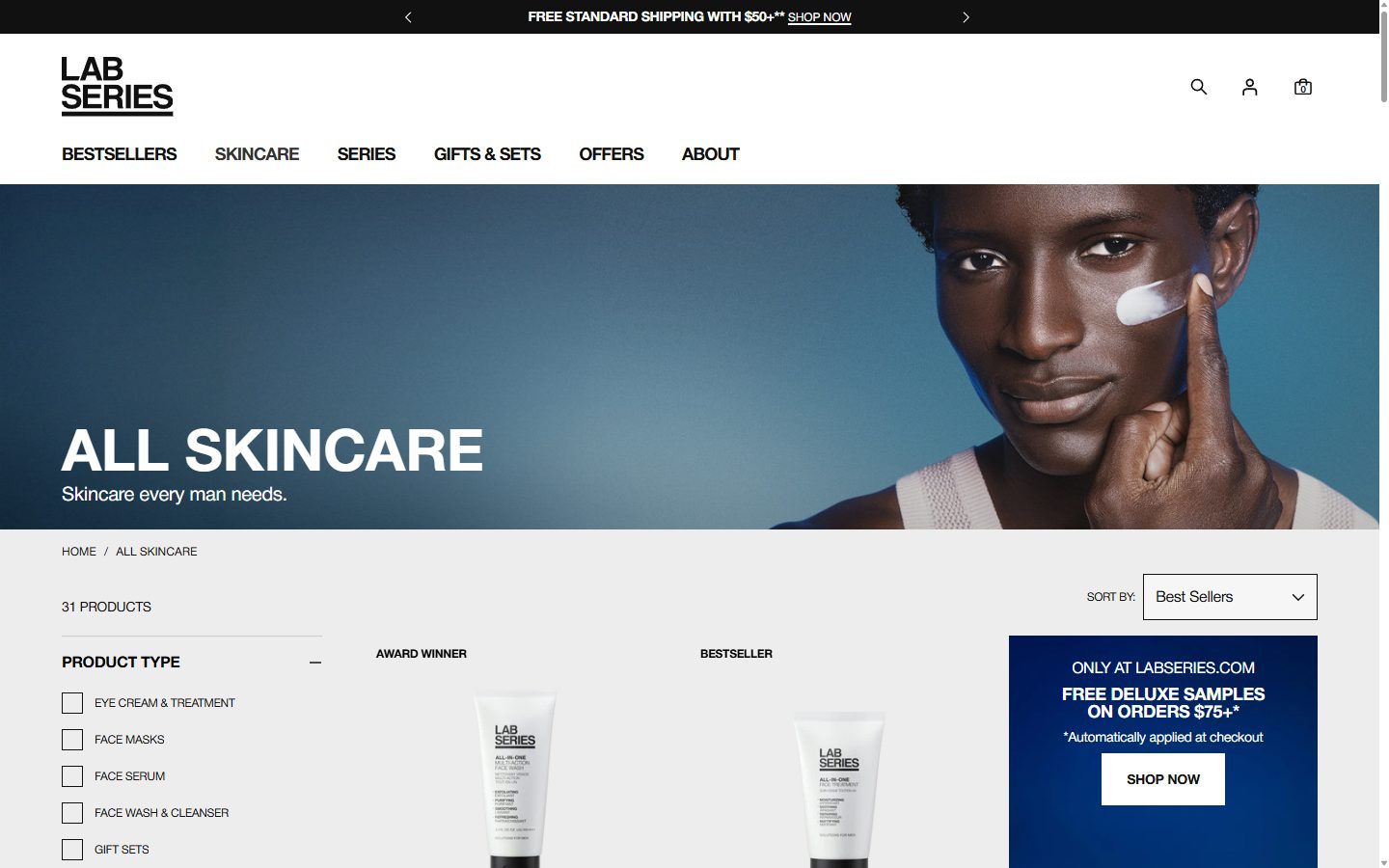 Lab Series collection: all skincare on desktop, Shopify luxury beauty storefront captured at 1440 x 900