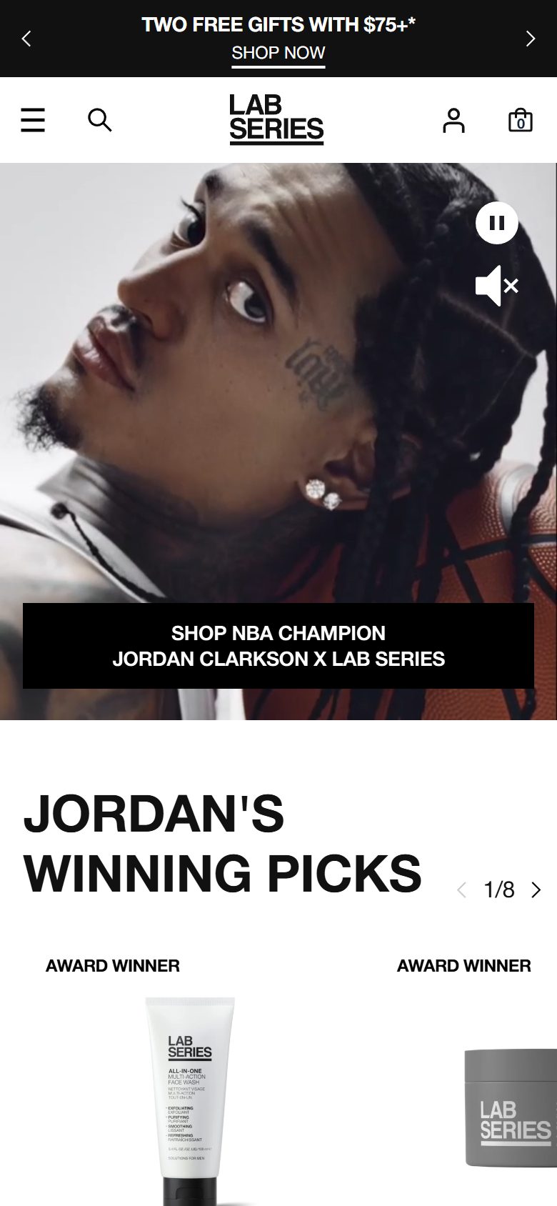 Lab Series homepage on mobile, Shopify luxury beauty storefront captured at 390 x 844