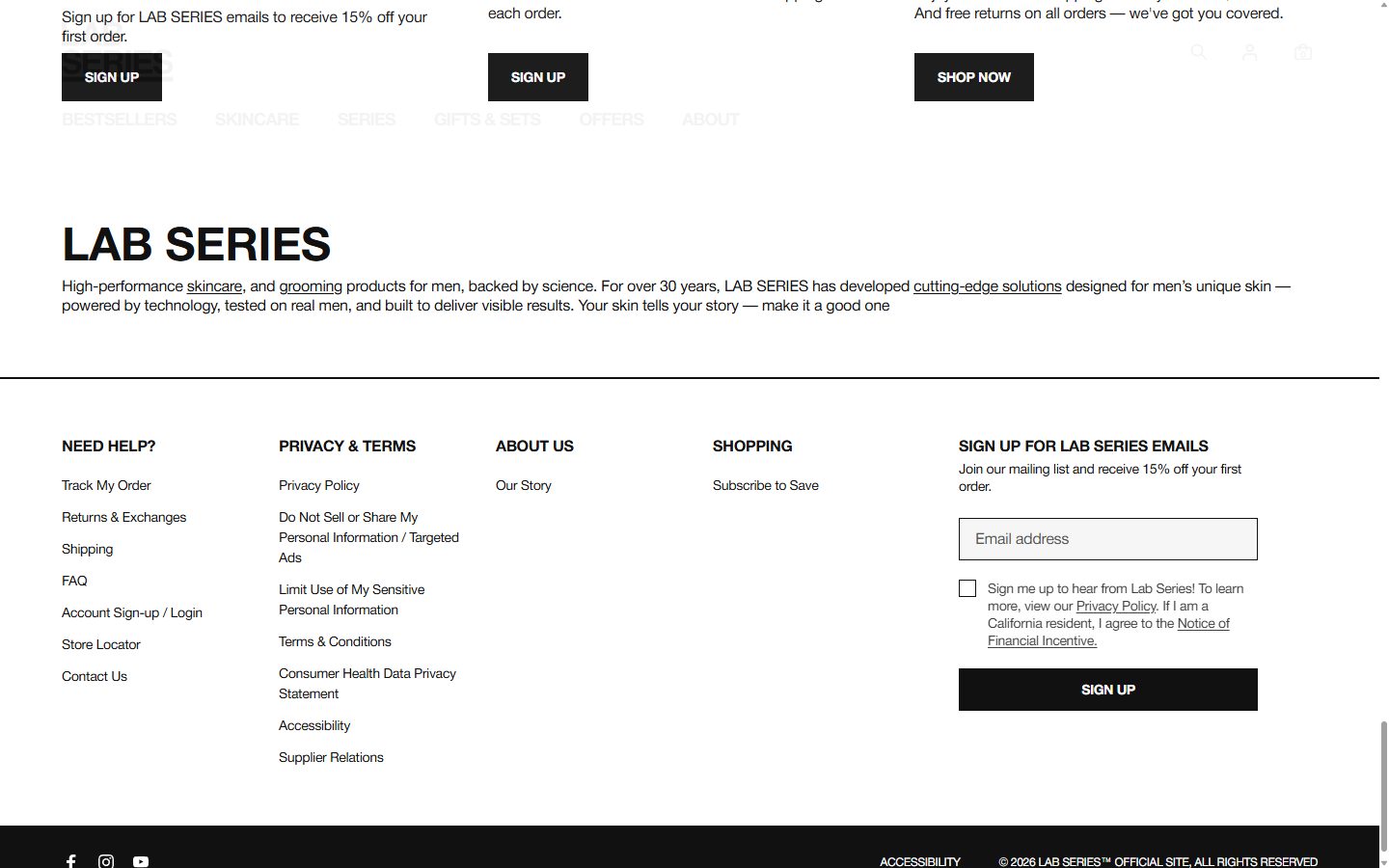Lab Series homepage on desktop, Shopify luxury beauty storefront captured at 1440 x 900