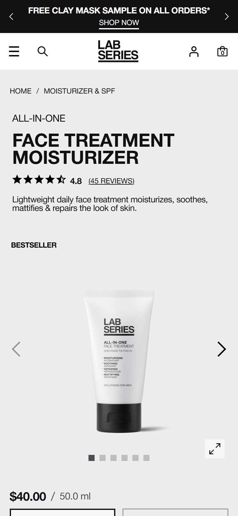 Lab Series product page on mobile, Shopify luxury beauty storefront captured at 390 x 844