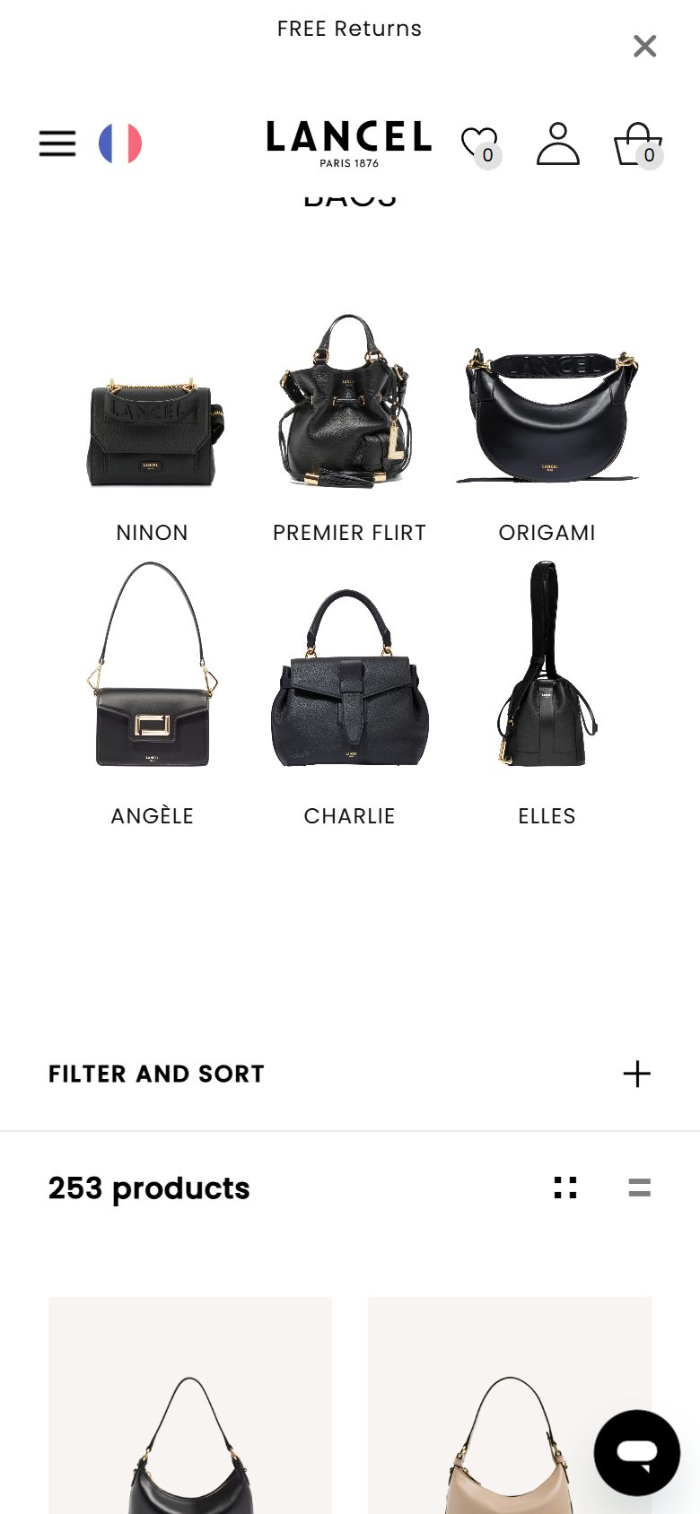 Lancel collection: all bags. on mobile, Shopify luxury leather goods storefront captured at 390 x 844