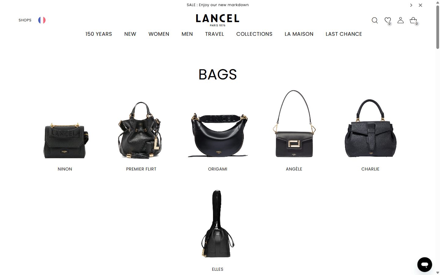Lancel collection: all bags. on desktop, Shopify luxury leather goods storefront captured at 1440 x 900