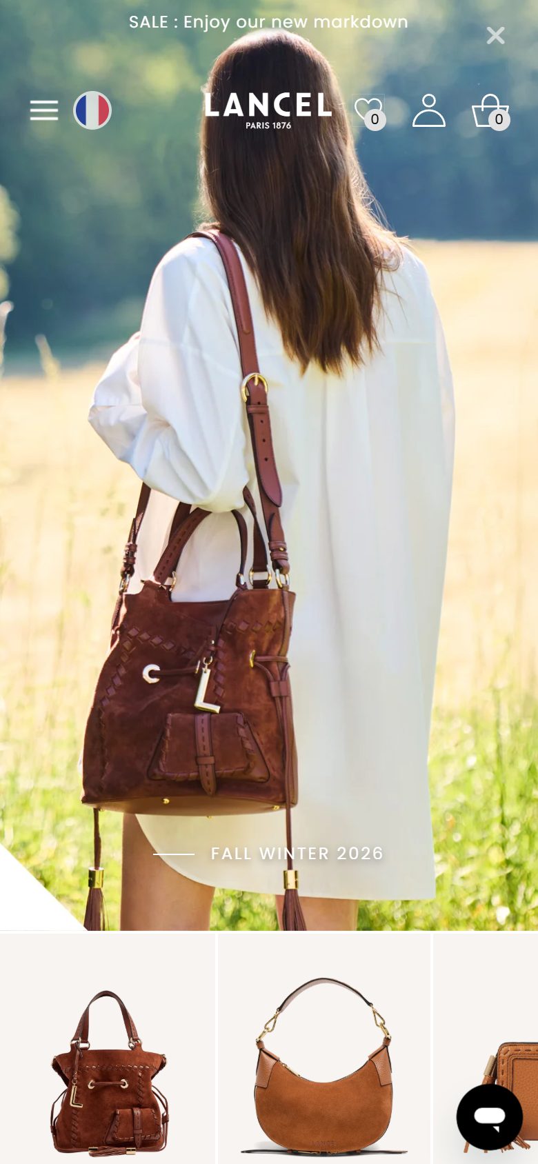 Lancel homepage on mobile, Shopify luxury leather goods storefront captured at 390 x 844