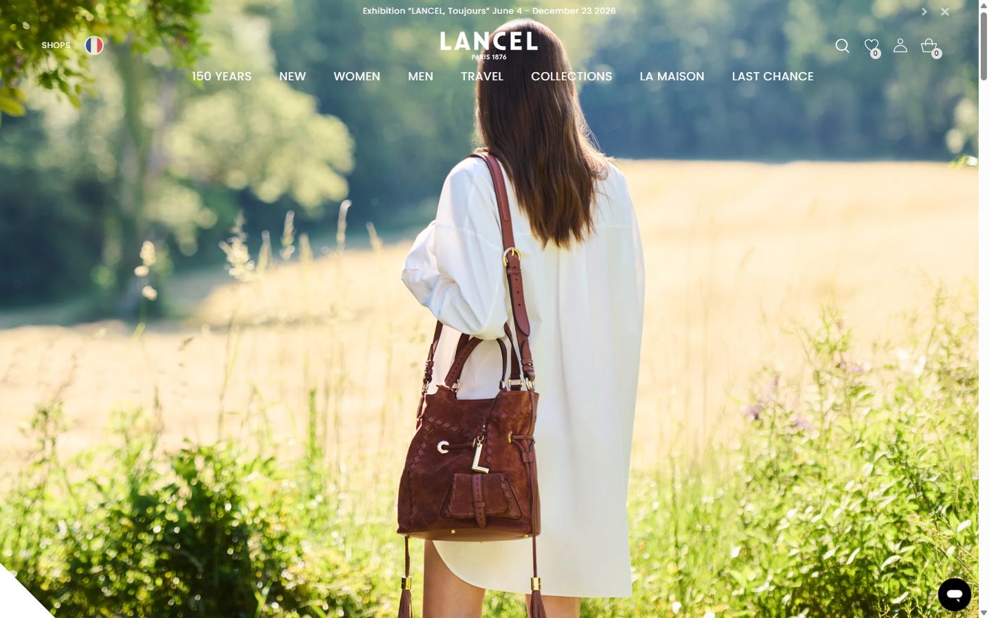 Lancel homepage on desktop, Shopify luxury leather goods storefront captured at 1440 x 900