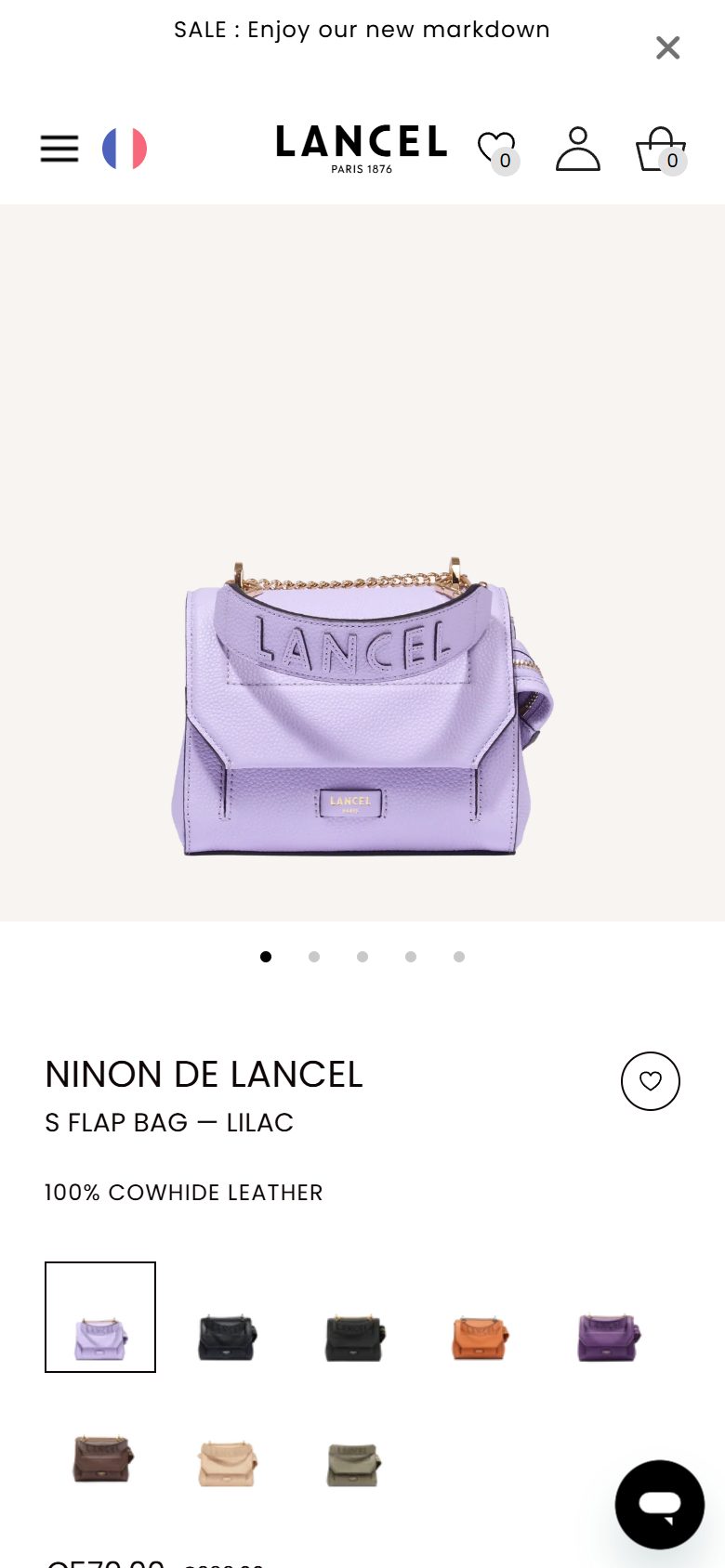 Lancel product page on mobile, Shopify luxury leather goods storefront captured at 390 x 844