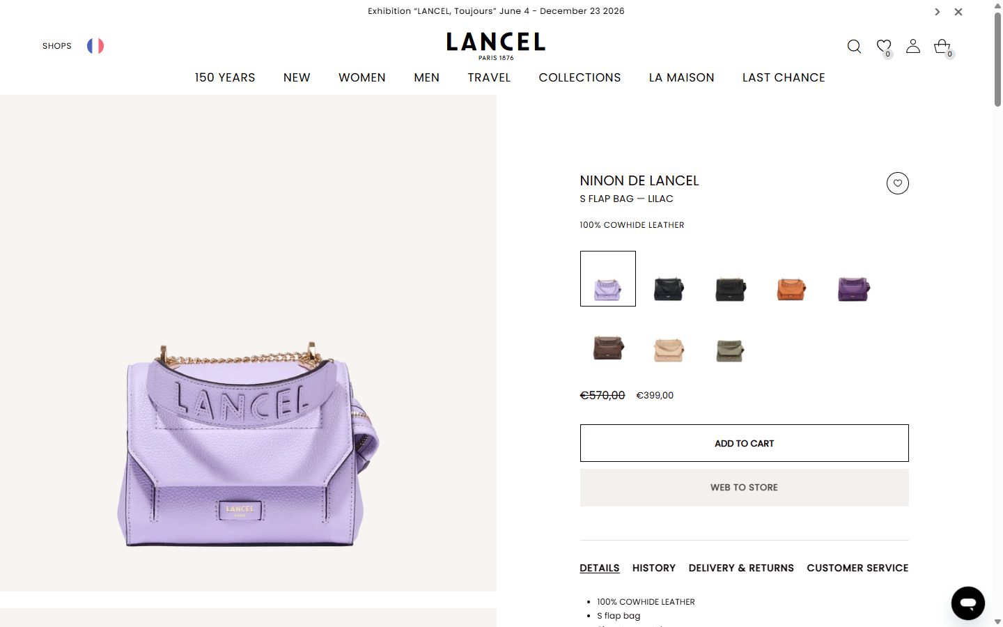 Lancel product page on desktop, Shopify luxury leather goods storefront captured at 1440 x 900