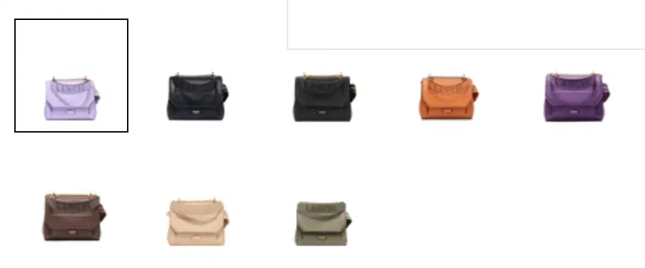 Lancel color selector photographed on its product page, 8 square swatches