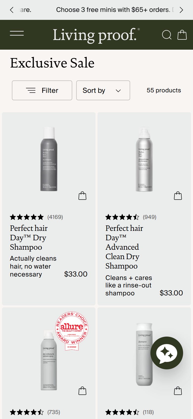 Living Proof collection: exclusive sale on mobile, Shopify luxury beauty storefront captured at 390 x 844