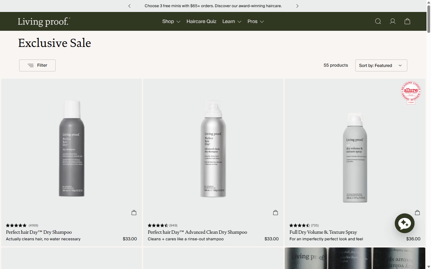 Living Proof collection: exclusive sale on desktop, Shopify luxury beauty storefront captured at 1440 x 900