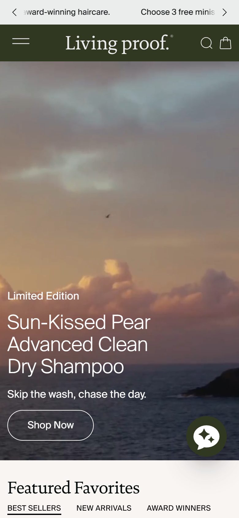 Living Proof homepage on mobile, Shopify luxury beauty storefront captured at 390 x 844