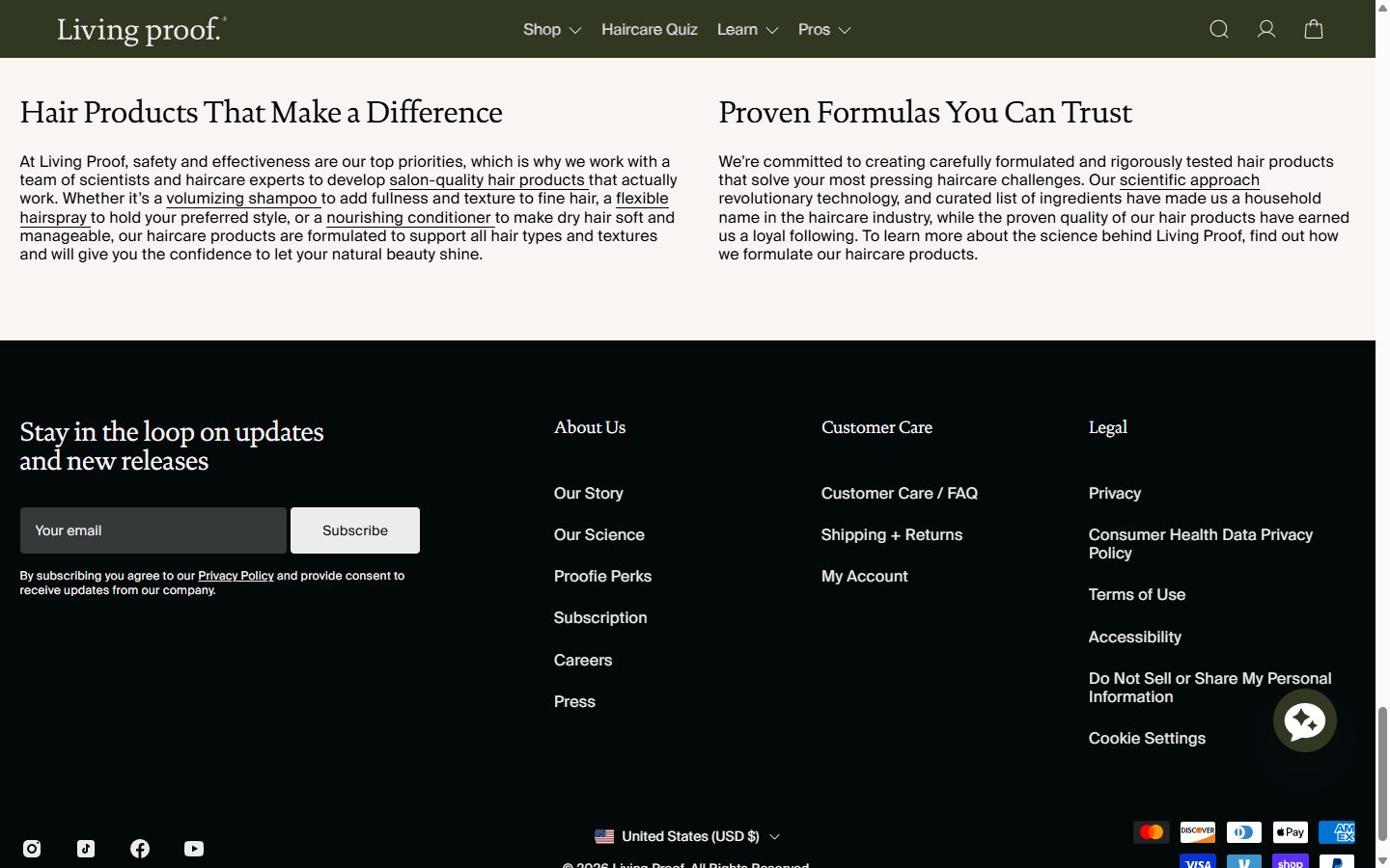 Living Proof homepage on desktop, Shopify luxury beauty storefront captured at 1440 x 900