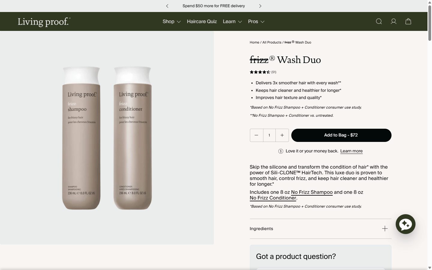Living Proof product page on desktop, Shopify luxury beauty storefront captured at 1440 x 900