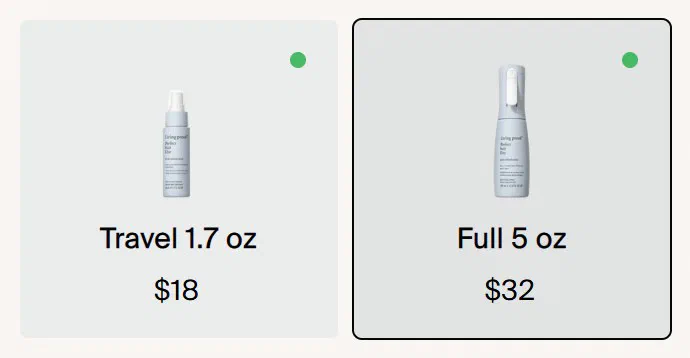 Living Proof size selector photographed on its product page, 2 values as a radio list with text labels