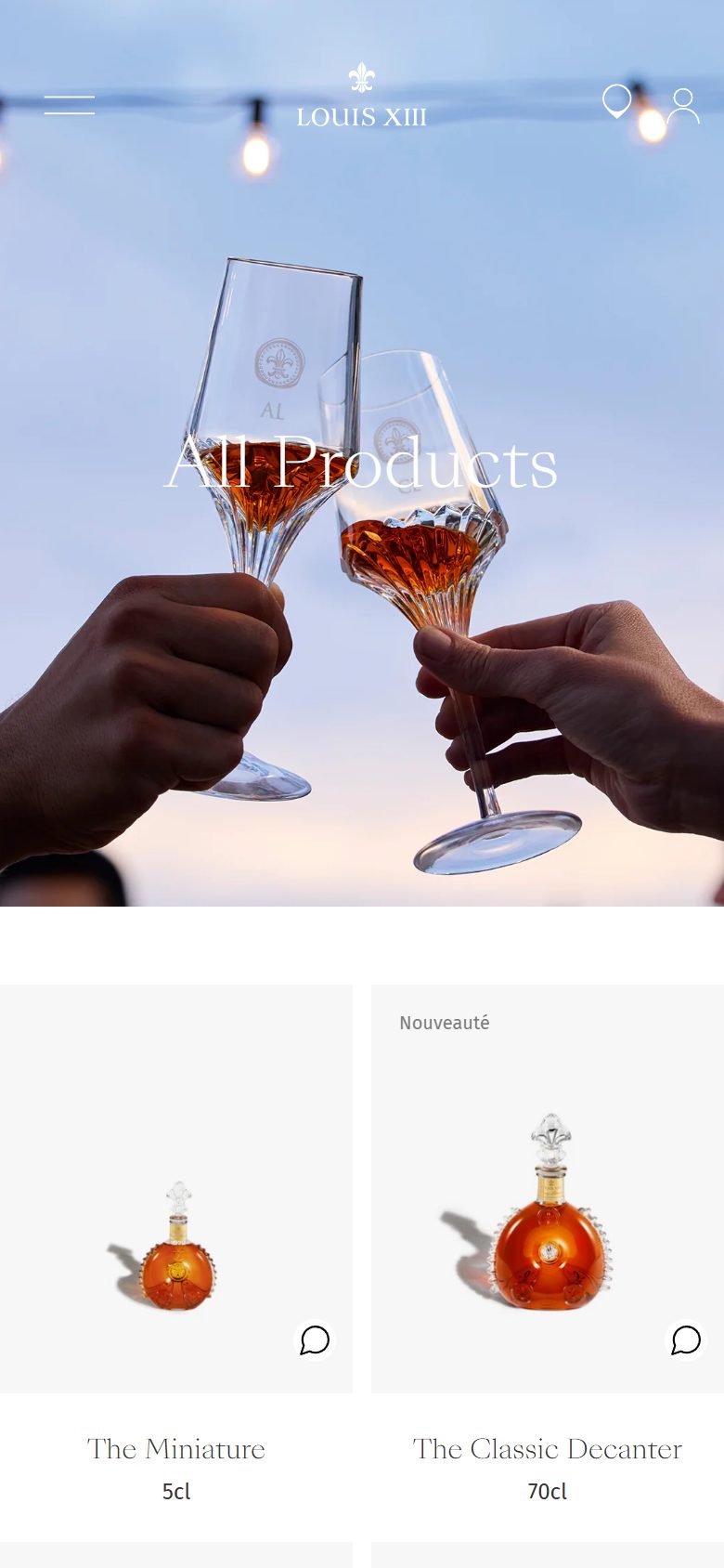 Louis XIII collection: all products on mobile, Shopify luxury drinks storefront captured at 390 x 844