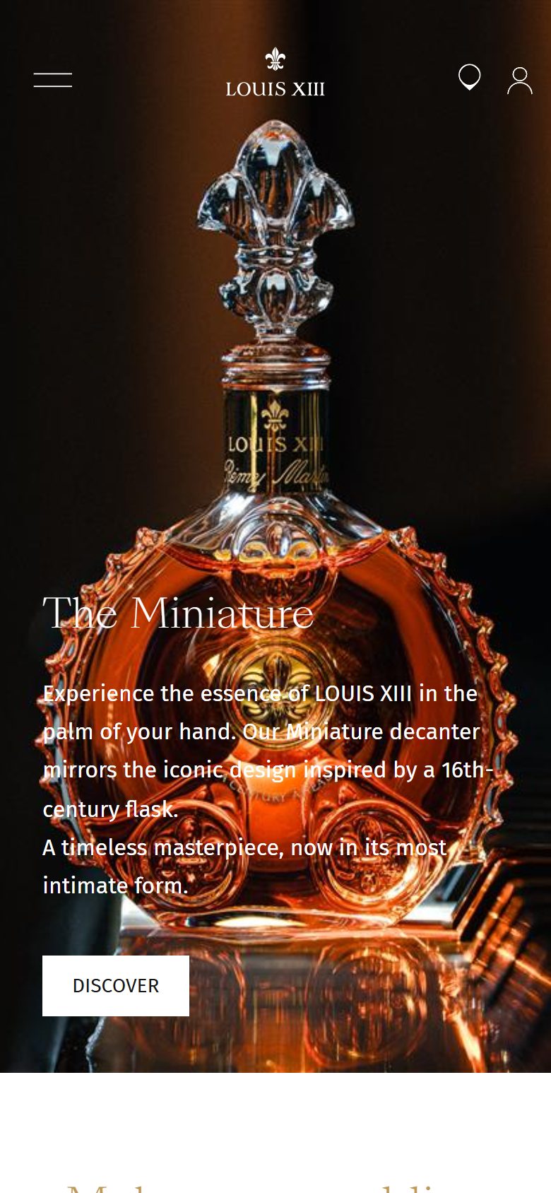 Louis XIII homepage on mobile, Shopify luxury drinks storefront captured at 390 x 844