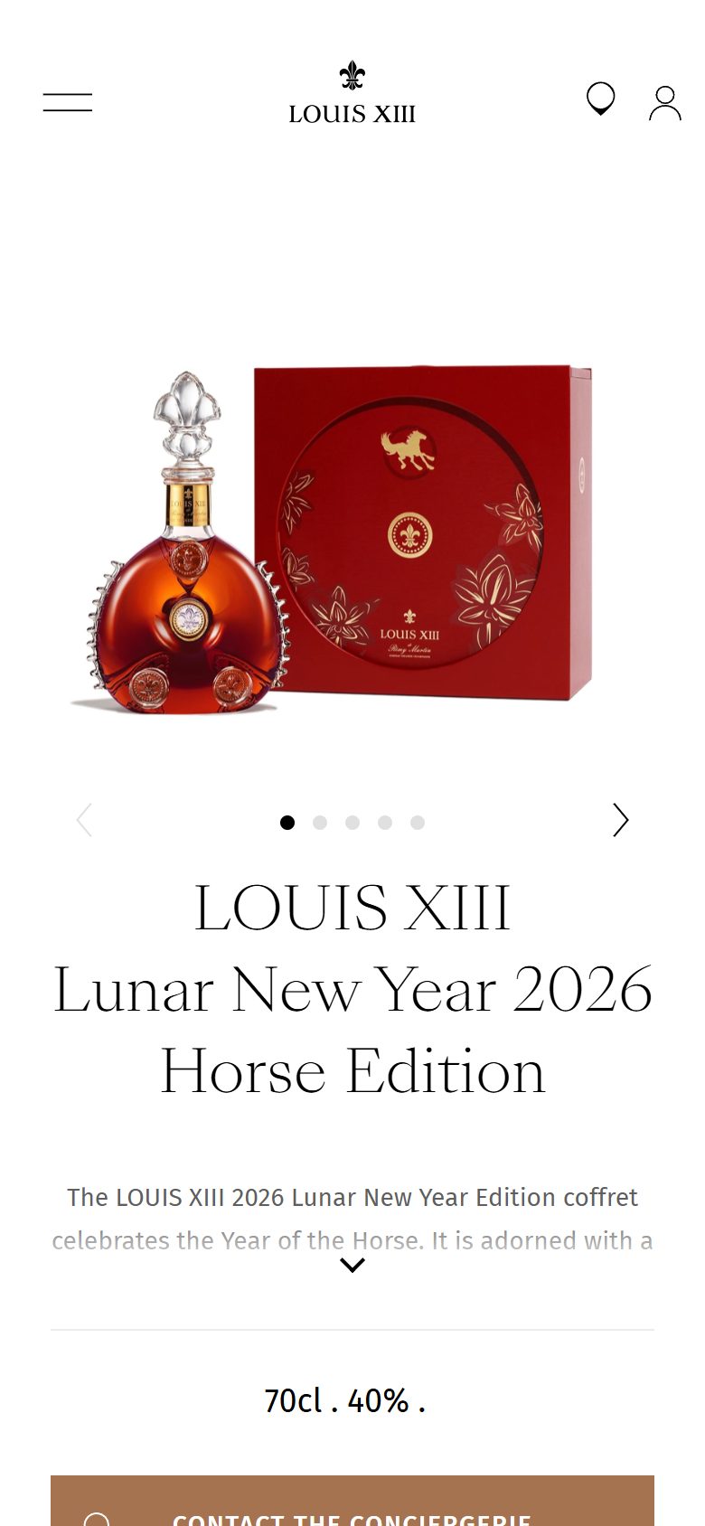 Louis XIII product page on mobile, Shopify luxury drinks storefront captured at 390 x 844
