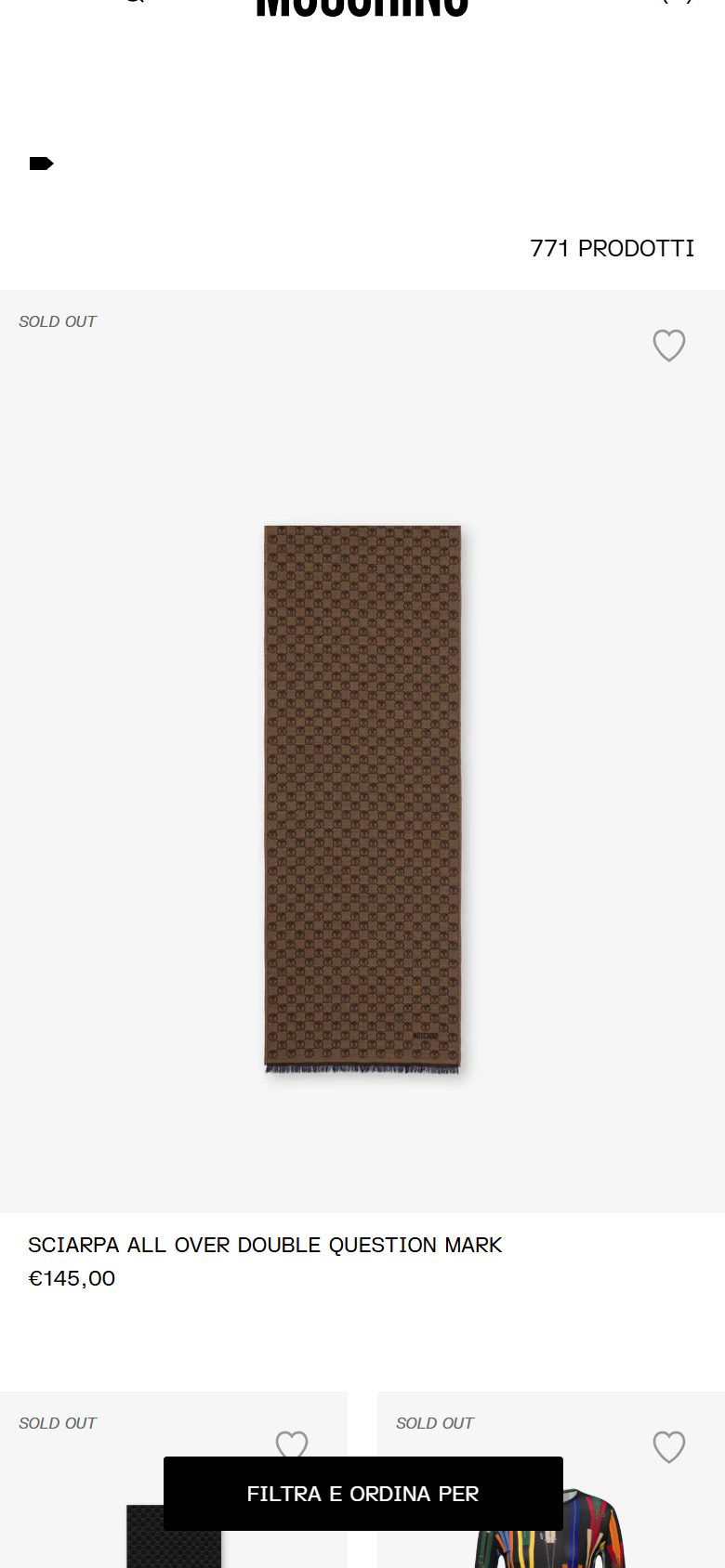 Moschino collection: black friday on mobile, Shopify luxury fashion storefront captured at 390 x 844