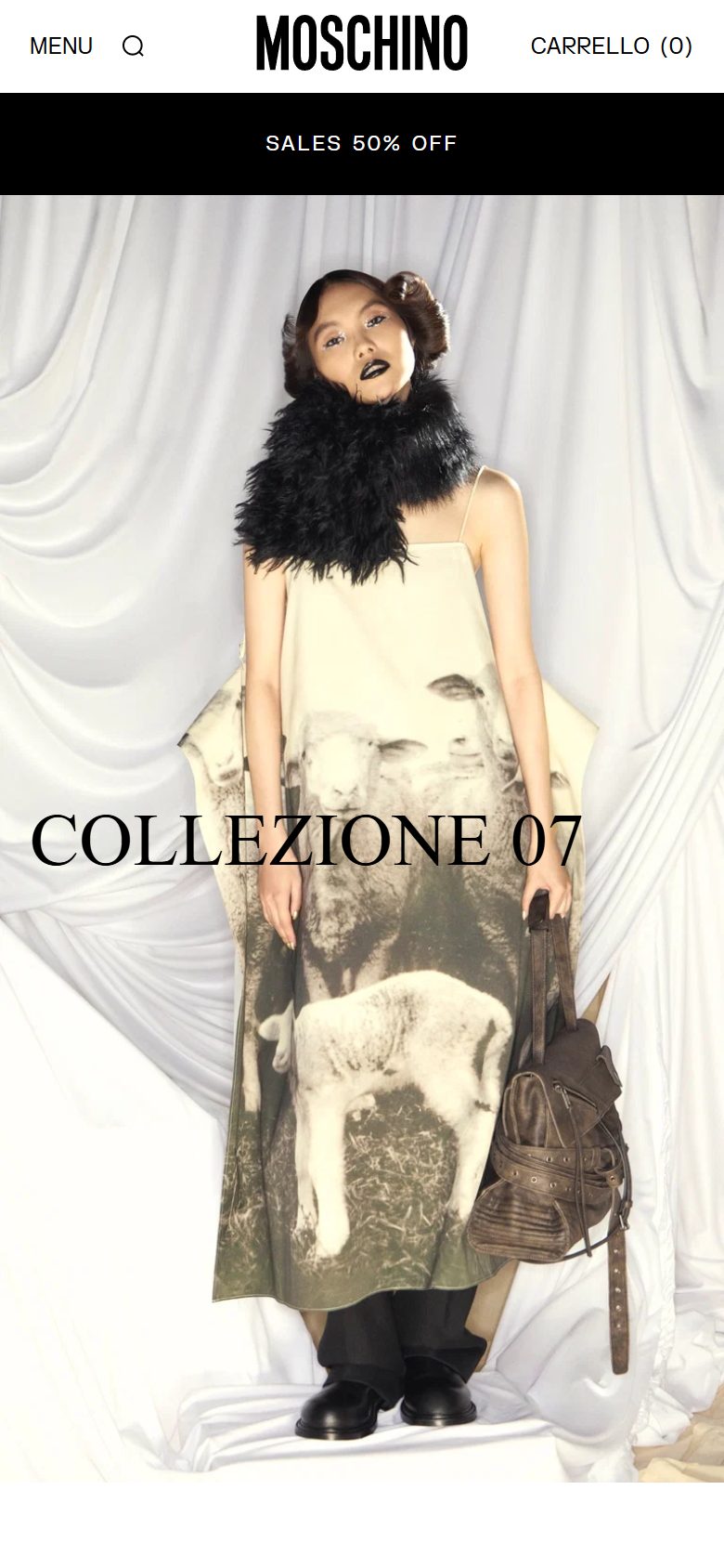 Moschino homepage on mobile, Shopify luxury fashion storefront captured at 390 x 844